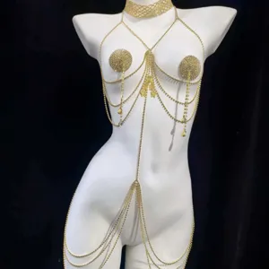 Gold rhinestone body chain for women, sexy crystal multi-layer chest and waist jewelry.