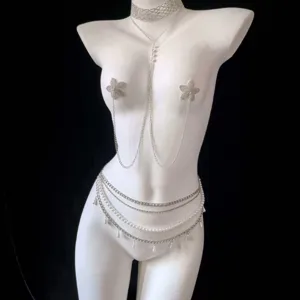 European and American fashion multi-layer imitation pearl body chain rhinestone nipple pasties jewelry