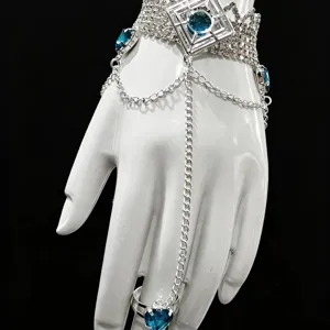 Shiny rhinestone hand chain slave bracelet with blue crystal geometric charm chic.