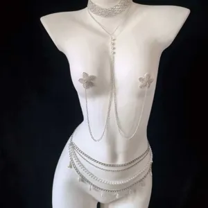 Multi-layer pearl waist chain body jewelry set with rhinestone star pasties for women.