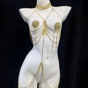 Gold rhinestone body chain multi-layer crystal chest waist chain sexy night club jewelry