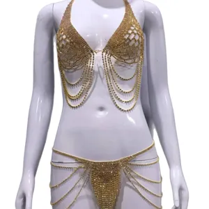 Gold rhinestone body chain set sparkling crystal tassel chest and waist jewelry for women