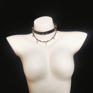 Punk gothic pu leather choker necklace with metal spikes and chains for women and girls.