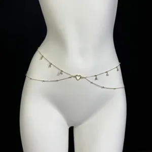Sexy gold rhinestone heart multi-strand body waist chain for women beach jewelry