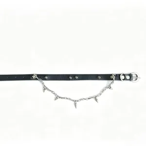Punk PU leather choker necklace with metal spikes and hanging chain for women rock gothic style.