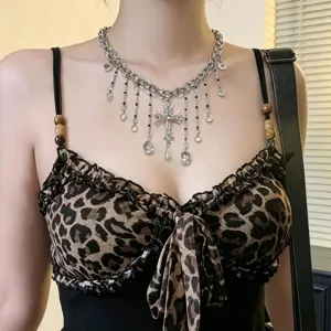 Gothic Vintage Stainless Steel Multi Layer Cross Tassel Necklace Rhinestone Heart Pendant Chain Jewelry Gift For Women
