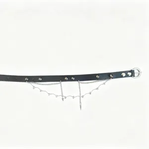 Punk style black leather choker necklace featuring cool metal chains and stylish spike pendants.