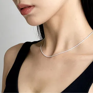 Minimalist sparkling sterling silver clavicle chain necklace worn by female model main view!