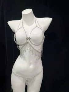 Chaîne de corps longue à strass scintillants, bijoux de poitrine en cristal pour plage.