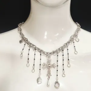 Fashion vintage silver cross tassel necklace with crystal beads and love heart charms for women