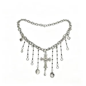 Punk Gothic silver cross chain necklace with multi-layer tassels and sparkling rhinestones.