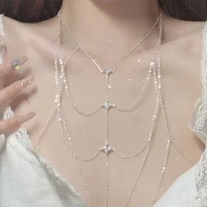 Exquisite multi-layer body chain necklace for women, delicate silver jewelry for chic style.