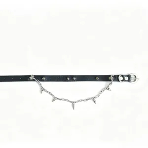 Gothic punk black leather choker necklace with metal chains and spikes for women and girls.