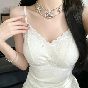 Silver snowflake multi-layer rhinestone choker necklace, elegant daily jewelry style.
