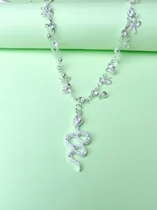 Chic silver snake pendant anklet with sparkling rhinestones and cute bows for summer beach.