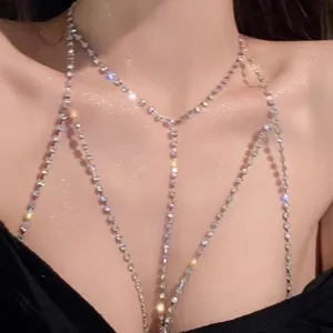 Rhinestone body chain detail shot, glittering crystal necklace for women sexy clavicle decor.