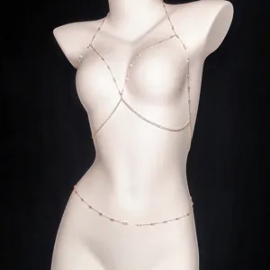 Stylish rhinestone body chain for women, sexy geometric metal chest chain jewelry main view.