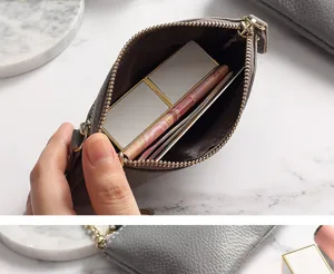 Genuine leather mini coin purse women short double zipper wallet compact key card holder pouch