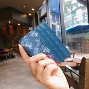 Blue leather card holder with classic carriage print, ultra-thin minimalist mini coin purse wallet