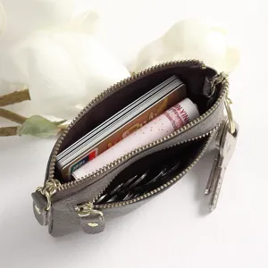 Genuine leather coin purse for women, mini short double zipper wallet with key ring, cards holder.
