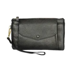 Black leather clutch bag for women, minimalist daily wristlet purse with zipper pocket.