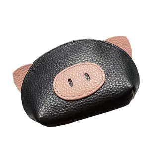 Cute leather coin purse for women, black and pink mini wallet with lovely pig shape design.