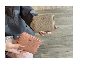 Genuine leather womens short wallet, slim compact minimalist coin card holder designer.