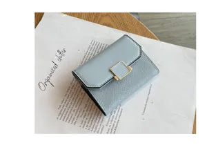 Détail de porte-cartes compact en cuir bleu clair avec fermoir métallique et multiples fentes.