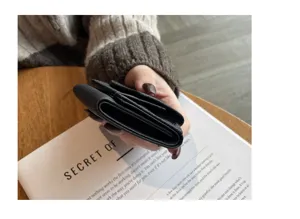 Women's genuine leather short trifold wallet mini coin purse minimalist black compact design