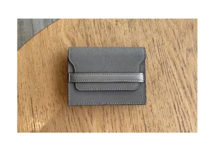 Grey genuine leather card holder, exquisite compact mini wallet with chic horizontal strap detail.