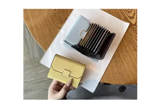 Vue détaillée d'un porte-cartes en cuir compact à soufflets avec fermoir métallique élégant.