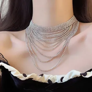 Multi Layer Tassel Pendant Necklace Alloy Rhinestone Geometric Choker Fashion Jewelry Necklace For Women Party
