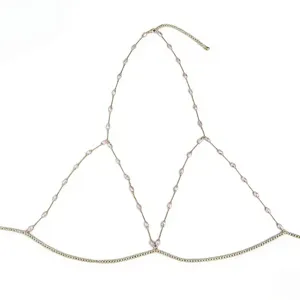 Fashion sexy rhinestone body chain jewelry for women, minimalist geometric gold design.