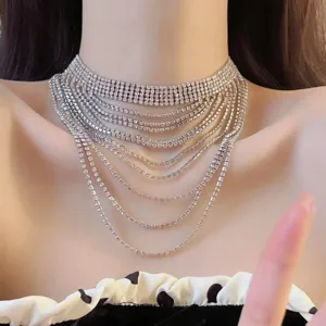 Stunning multi-layer rhinestone choker necklace, sparkling crystal collar chain for women fashion.