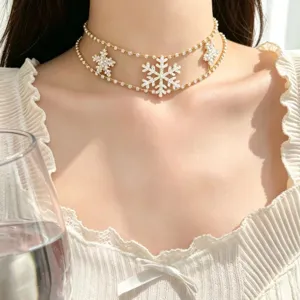 Women Fashion Alloy Rhinestone Snowflake Layered Necklace Chic Body Chain Pendant Fashion Jewelry Gift