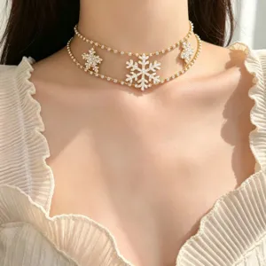 Exquisite double-layered rhinestone snowflake choker necklace, elegant jewelry for women.