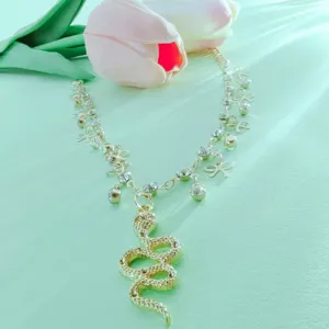 Gold double layer snake pendant anklet rhinestones bow summer beach foot jewelry