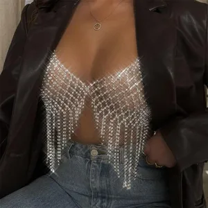 Sexy Nightclub Rhinestone Tassel Body Chain Mesh Chest Chain Copper Metal Body Jewelry For Women Party