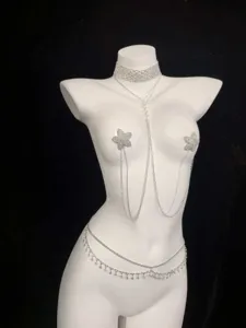 Rhinestone body chain set with flower pasties and multi-layer waist chain for women fashion.