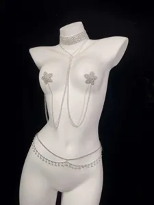 Rhinestone body chain set featuring star nipple chains, choker and multi-layer waist jewelry.