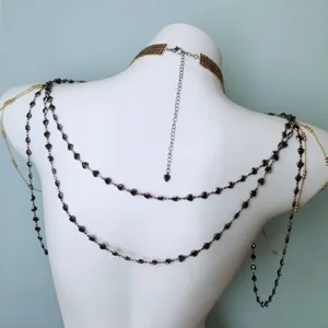 Gothic multi-layer body chain necklace for women, dark style heart beads back chain jewelry.