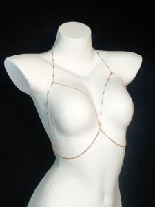 Detailed view of the sparkling pink beaded body chain, featuring delicate metal links and stylish design.