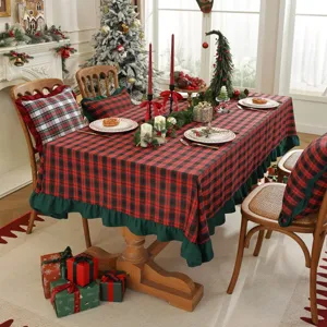 Nappe de Noël Teint en Fil Mélange Polyester-Coton Carreaux Bord à Volants Housse de Table Basse Décoration de Maison de Fête Festive