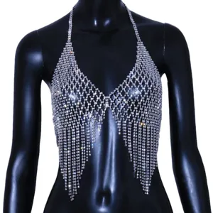 Sparkling rhinestone body chain, chic halter neck design with crystal fringe for party wear.