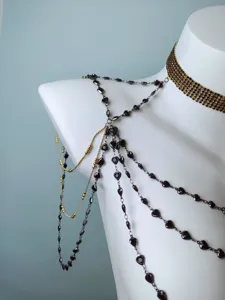 Chic multi-layer shoulder chain necklace set, dark gothic style, trendy fashion jewelry.