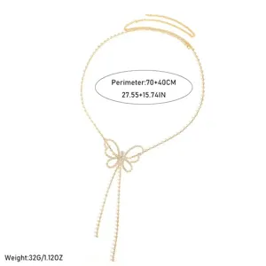 Rhinestone butterfly waist chain detail, elegant hanging tassel design with adjustable length.