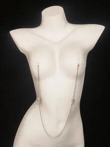 Sexy body chain jewelry for women, elegant silver metal nipple chain with pearl and rhinestone.