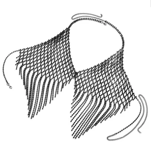Stunning black rhinestone mesh body chain, detailed view of sparkling crystal fringe necklace.