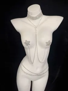 Rhinestone body chain set with star nipple covers and multi layer waist chain for women.