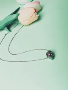 Exquisite black skull pendant necklace detail, dark aesthetic snake chain jewelry item.
